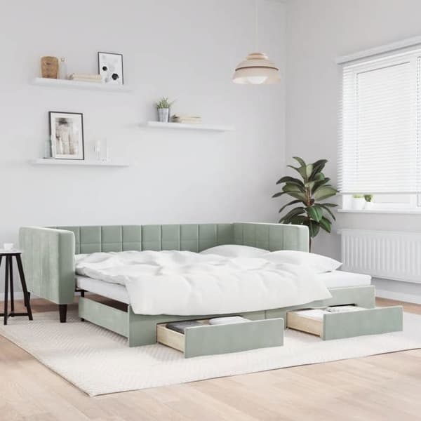 Dagseng - EKSKLUSIV HUS - 100x200 cm - Dobbeltseng med udtræk - 2 opbevaringsskuffer - Grå velour