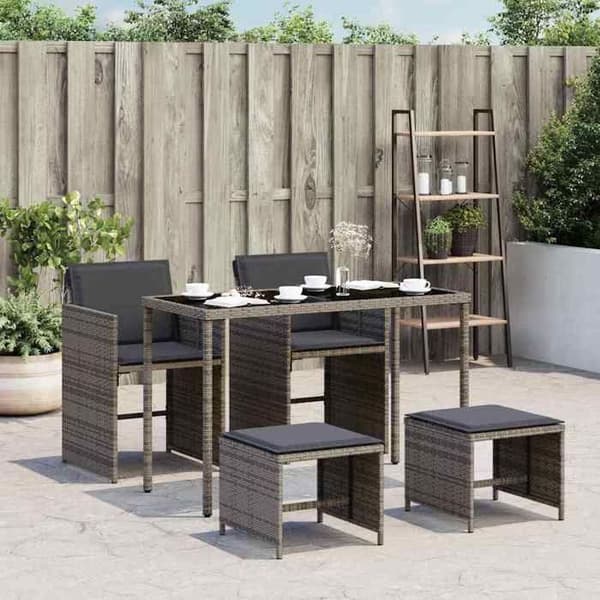 Trädgårdsmöbelset - EXKLUSIVT HUS - 5-delat set - Flätad resin - Grå kuddar - Tempererat glasbord Grå (grå kuddar)
