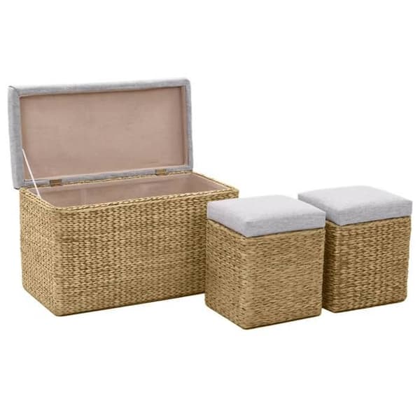 Maison Exclusive - Bänk med 2 puffar av grå vattenhyacint Grå (kuddar)