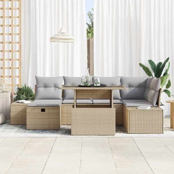 Maison Exclusive - 7-delars trädgårdsoff-set i beige polyrotting