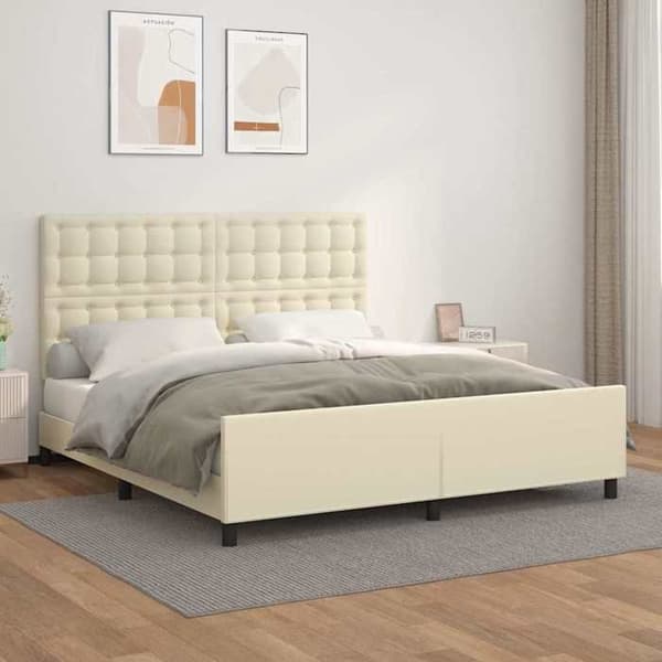 Sengestel - EKSKLUSIV HUS - 180 x 200 cm - Kunstlæder i creme - Justerbar hovedgærde - Lamelseng Grädde