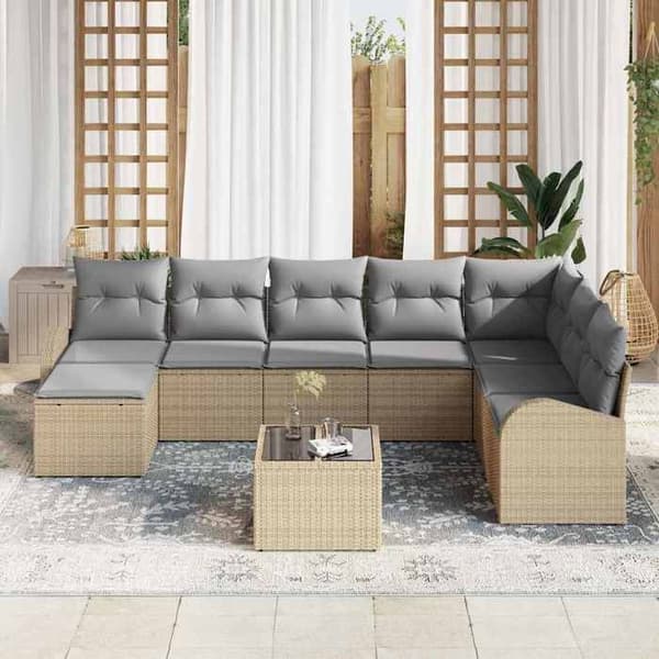 Trädgårdsmöbler - EXKLUSIVT HUS - Set 9 delar - Poly rattan - Stålram - Polyesterkuddar Beige och ljusgrå