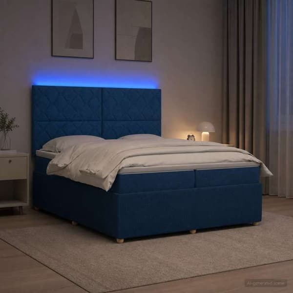 Maison Exclusive - Boxspring-säng med LED och blå madrass 200 x 200 cm Tyg Blå