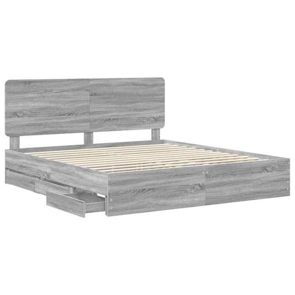 Sengestel - EKSKLUSIV HUS - Grå Sonoma 200 x 200 cm - Ingeniørtræ - Opbevaringsskuffe - Lamelseng Gris Sonoma
