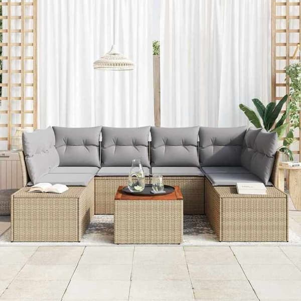 Havemøbler - EKSKLUSIVT HUS - Sæt 7 stk - Beige og lys grå - Poly rattan & akacie - Modulerbar Beige och Ljusgrå