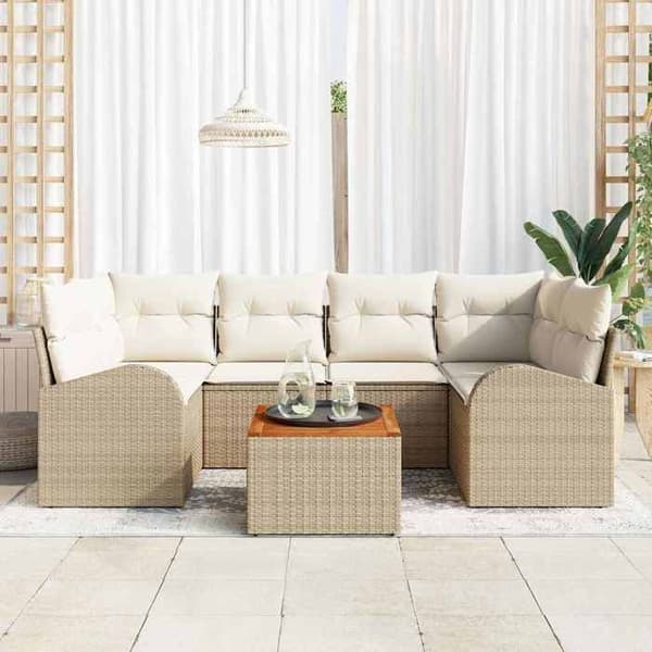 Maison Exclusive - 7 osan beige ja kerma polyrottinkinen puutarhakalustesetti