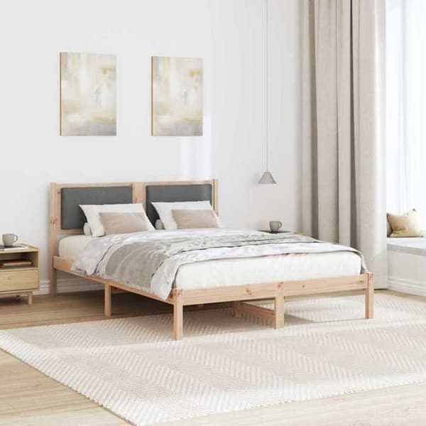 Sengestel - EKSKLUSIV HUS - 140 x 190 cm - Massivt fyrretræ - Polyester hovedgærde - Mørkegrå Mörkgrå