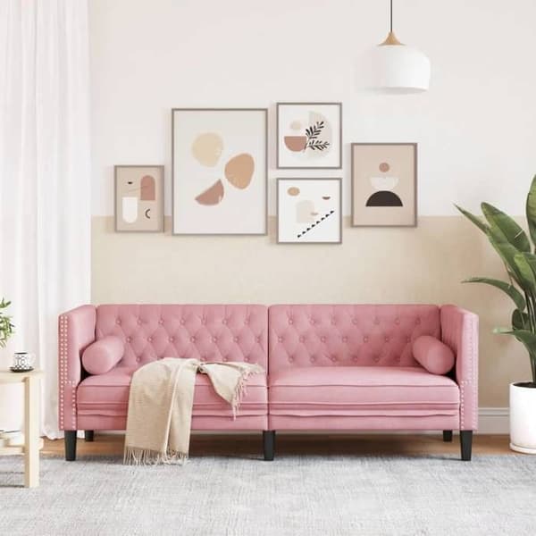 Maison Exclusive - Chesterfield-sohva, jossa on tyynyt, 3 paikkaa, vaaleanpunainen sametti