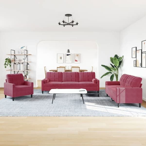 3-delt sofa sæt - EKSKLUSIV HUS - Rød velour - Metalramme - Bløde sæder - Puder inkluderet