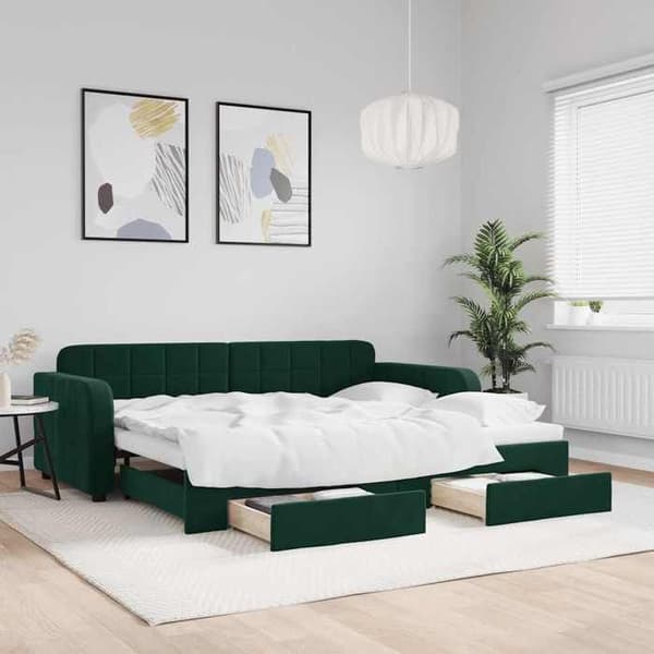 Seng til dagbrug - EKSKLUSIVT HUS - 90x200 - Med sovesofa - 2 skuffer - Grøn velour