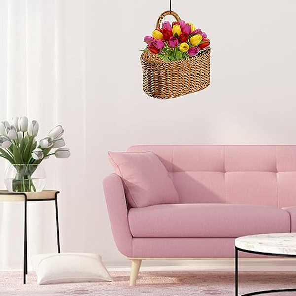 Håndlavet vævet hængekurv, håndlavet vævet pileflet blomsterkurv med fiberfor, naturlig flettet håndlavet opbevaringskurv til hjem, have, bryllup