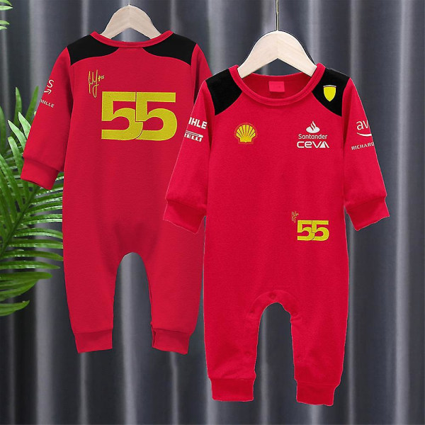 Tib 2023 Forår og efterår Nye babyer drenge og piger F1 Racing Udendørs Ekstremsport Red Team 16 # 55 # Driver Bodysuit Baby One Piece