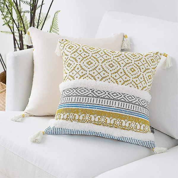 Marokko Tufted Boho Putetrekk - Kvadrat Bomull Pynteputer Dekorativ Putetrekk med Dusker