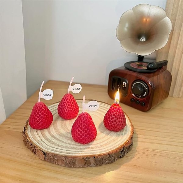 4PAK Jordbærformet duftlys, fruktaroma soyavoks estetisk dekorativt lys, for fotorekvisita bursdags bryllupsfest dekorativt, for meditasjon