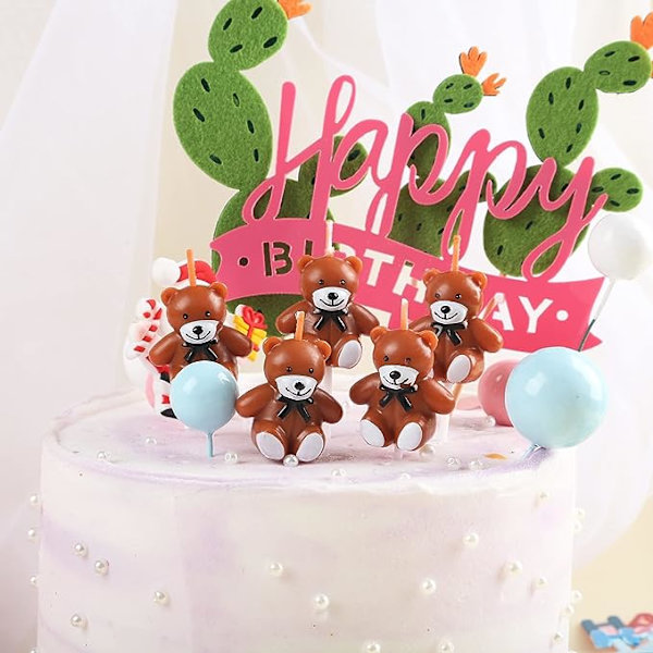 5 stk Søte Brune Bjørne Bursdagslys, Teddybjørn Kake Topper, Mini Bjørnelys for Barnebursdag Kakedekorasjon, Bursdagsfestrekvisita
