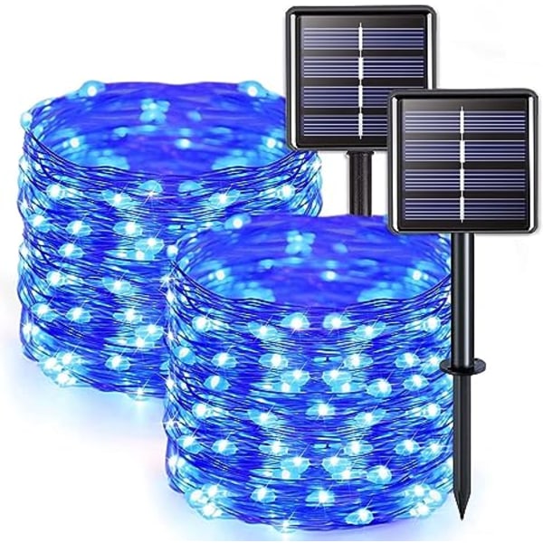 2-pack blå Solar Fairy Lights utomhus vattentät, 39,4 fot 100 LED Solar Fairy String Lights, 8 lägen koppartråd mini soldrivna lampor för uteplats G