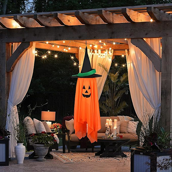 Halloween-koristeet, Yksi Esiasennettu Oranssinpumppu-Noitakorkki Halloween-koriste, Riippuva Pumppukoriste Kotipuutarhaan Juhliin Sisä- ja Ulkokäyttöön