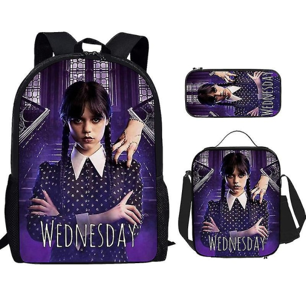 3-delt sett Wednesday Adams skoleveske Ryggsekk + blyantveske + liten veske