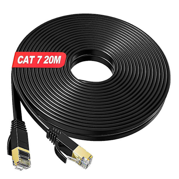 Ethernet-kaapeli 20m, nopea, Cat 7 litteä suojattu verkkokaapeli, Rj45 Lan-kaapeli 20m musta, 600mhz gigabitin verkkokaapeli 20 metriä