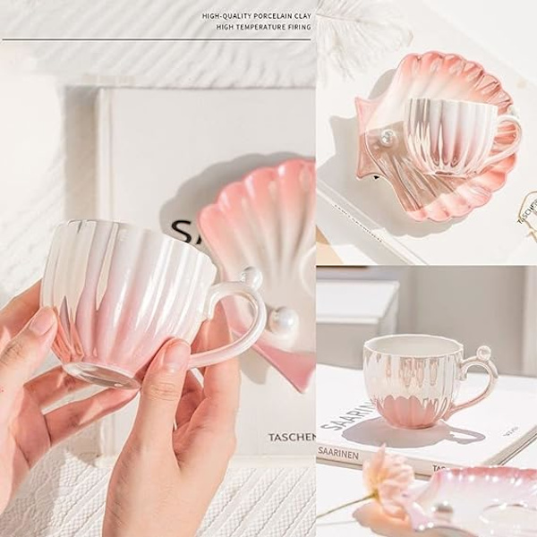 Keramiske Tekopper og Underkopper Kaffe Kande Porcelæn Britisk Kaffe Latte Kopper Perlemors Skaller Pink