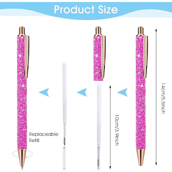 6 stk. Bling Glitrende Metalpenne, Retractible Kuglepenne Sød Glitter 1,0 mm Sort Blæk Fin Spids Gave Skrive Journaling Studerende