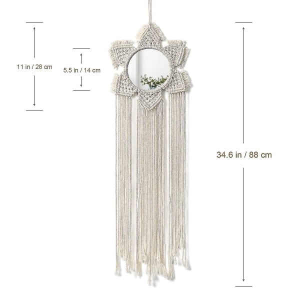 Macrame väggbonad - Boho dekorativ väggspegel med tofsar, handgjord vävd väggdekor