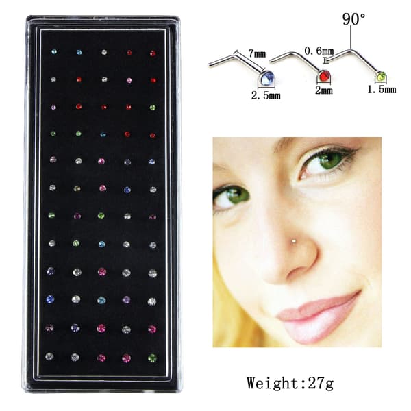 60 stk./sæt Rhinestone næsering ben studs, rustfrit stål color