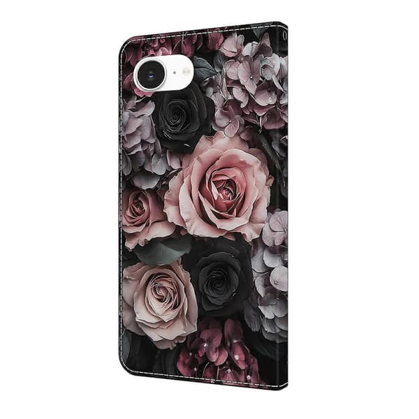 För iPhone 16e Läderfodral Mönstertryck Plånboksställ Flip Telefonfodral Chinese Rose