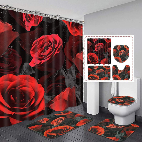 4 uppsättningar av alla hjärtans dag duschdraperier med matta, halkfri matta, cover, duschmatta, romantisk 3D rosa röd duschdraperi med
