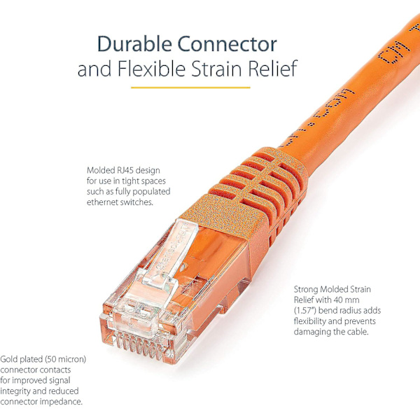 20 fot Cat6 Ethernet-kabel - Orange Cat 6 Gigabit Ethernet-tråd - 650 MHz 100W PoE RJ45 UTP støpt nettverks-/patchkabel med belastningsavlastning/