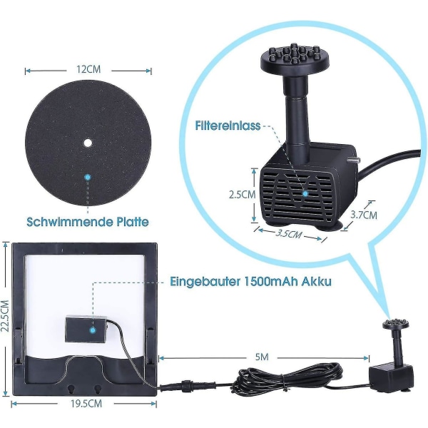 6W Solardrevne Springvand - Indbygget 1500mAh Batteri, Opgraderet Solardrevet Vandpumpe, Vandpumpe med 6 Springvandsformer til Have, Flydende Solardrevet Springvandspumpe