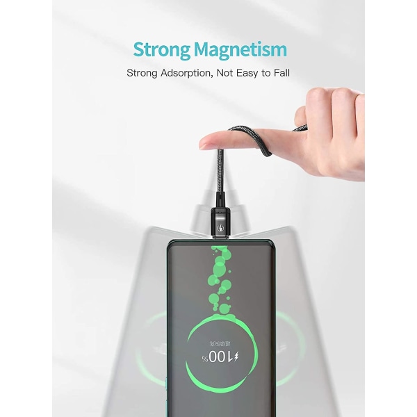3 pakkauksen magneettinen latauskaapeli, 3a pikalatauspuhelimen latauskaapelit nylon -punotut LED-valolla Magneettinen USB latausjohto Yhteensopiva