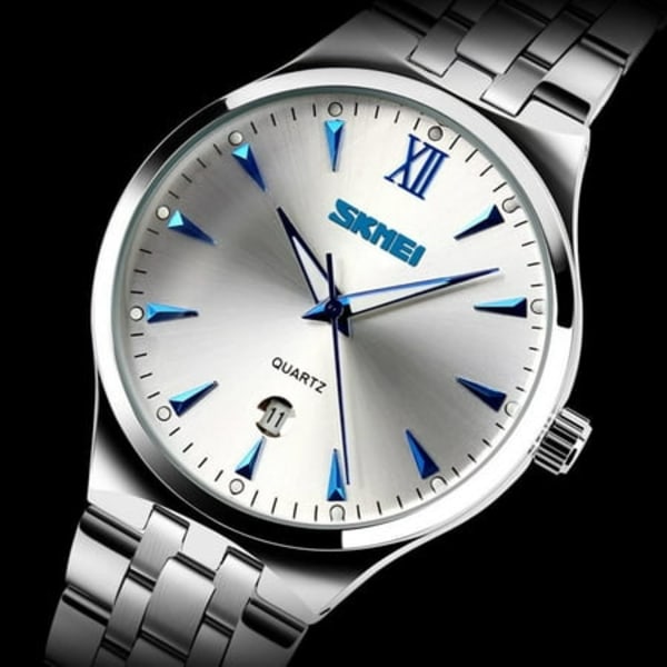 Klassisk Enkel Design Armbandsur i Rostfritt Stål för Män, Kalenderur, Silver (Blå)