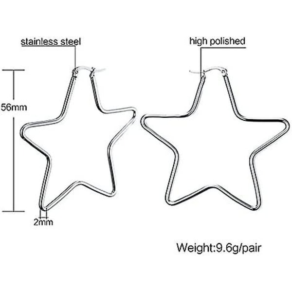 Hoop-korvakorut naisille, ruostumaton teräs tai mustakultapinnoitettu, kevyt koru, tähti-hopea - 56 mm