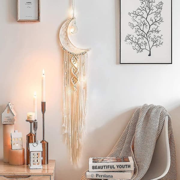 Veggdekorasjon Månedrømmesnapper med LED-lys Håndlaget vevd drømmesnapper Boho Drømmesnapper