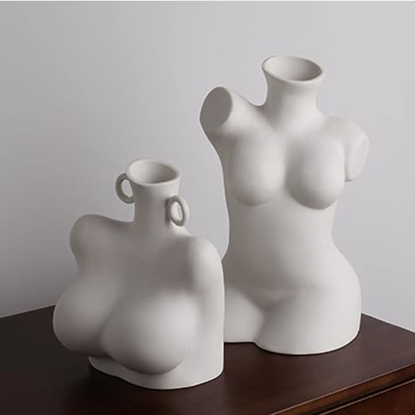 Kvinnelig kropp vase keramikk statue blomster vase vase hvit moderne hode planter potte for hage stue hjem bord kunst statue dekor(Farge: Siv, Størrelse:A