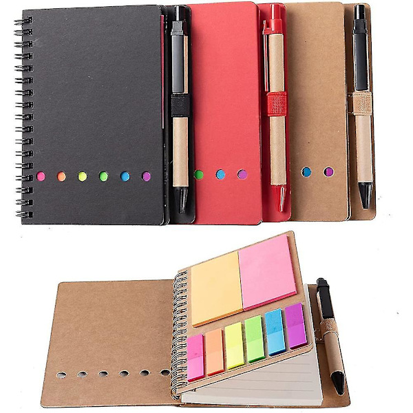 3 Pakker Spiral Notebook Steno Pads Linjerede Notesbøger med Pen i Holder, Noter, Farvede Faner