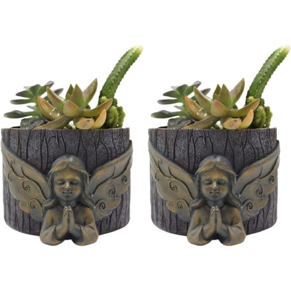 Set med 2 Resinblomkrukor för Sukkulenter - Bonsai - Liten Ängel - För Vardagsrum
