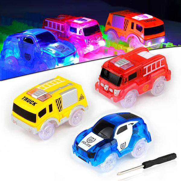 Biler, 3-pak Lysende Race Fleksible Biler med 5 LED Lys (Blå Politibil, Rød Brandbil, Gul Lastbil), Slot Car Track T