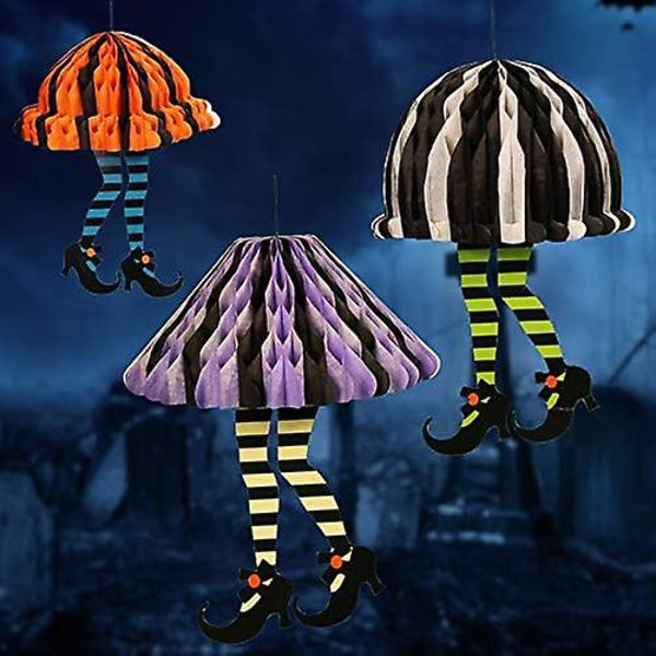 Halloween hengende hekseben ornament, Honeycomb skjørt høye hæler hengende papir hengende innendørs utendørs hjemsøkt husfest rekvisita, 3 stykker