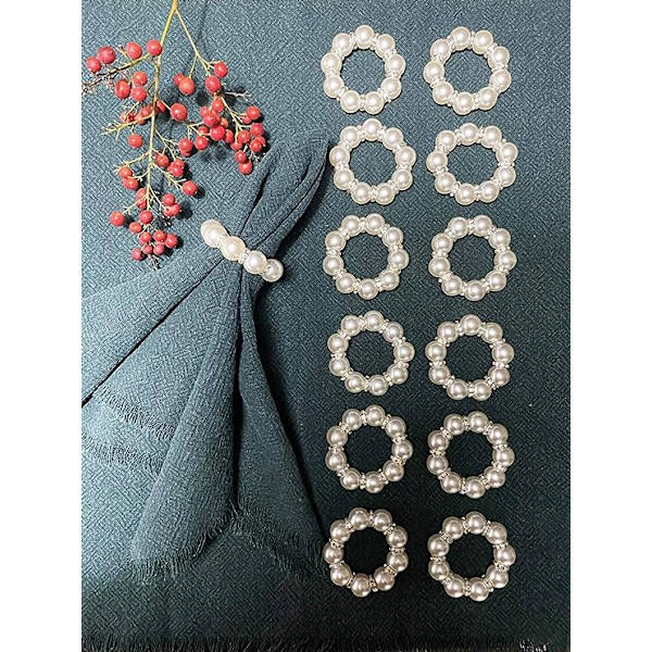 Imitation Pearl Beaded Napkin Rings Holder Set of 12, Rhinestone Serviette Rings Buckle Button for Dinner Table Decoration Parties Weddings Receptions