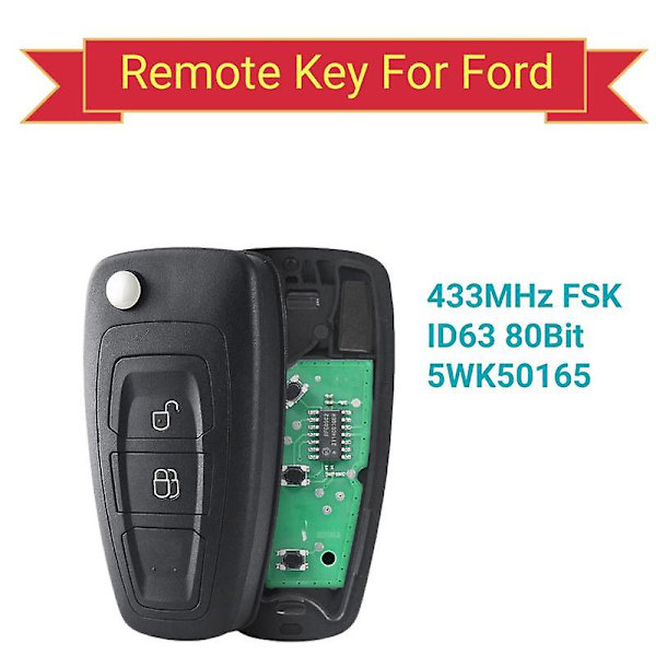 Fjernkontrollnøkkel 433mhz for Ford Ranger og Mazda 3 2011 2012 2013 2014 2015 Fsk Id63 80bit 5wk50165 Nøkkel med 2 knapper