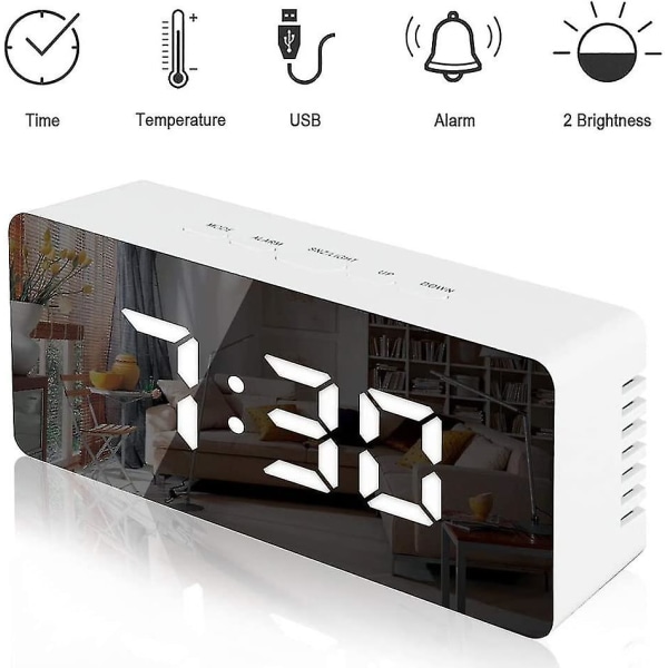 Digital spegelväckarklocka med temperatur LED-display Snooze Time Justerbar ljusstyrka