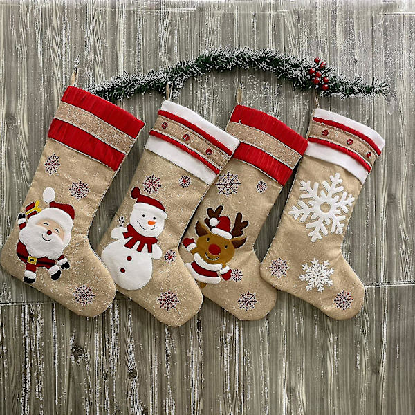 Ny Juteströmsjulstrumpa Set med 4 st Broderad Linne Juldekor