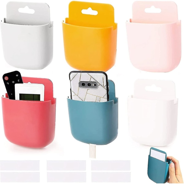 6 delar självhäftande förvaringsbox för fjärrkontroll, skadefri väggtelefonhållare (6 färger)