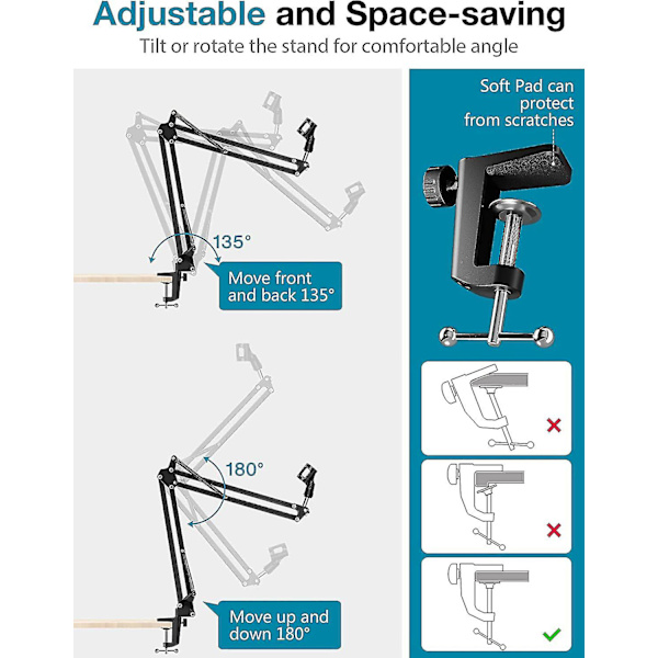 Mikrofonarm, Opgraderet Mic Arm Mikrofonstativ Boom Suspension Stativ Med 3/8\" Til 5/8\" Skrue Adapter Klip Til Blue Yeti Snowball, Hyperx Quadcast,