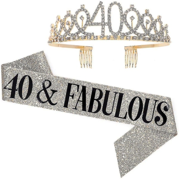 40 And Fabulous Sash & Rhinestone Tiara Set - 40-årsgaver Bursdagssash for kvinner Bursdagsfestutstyr (gull Glitter Wi