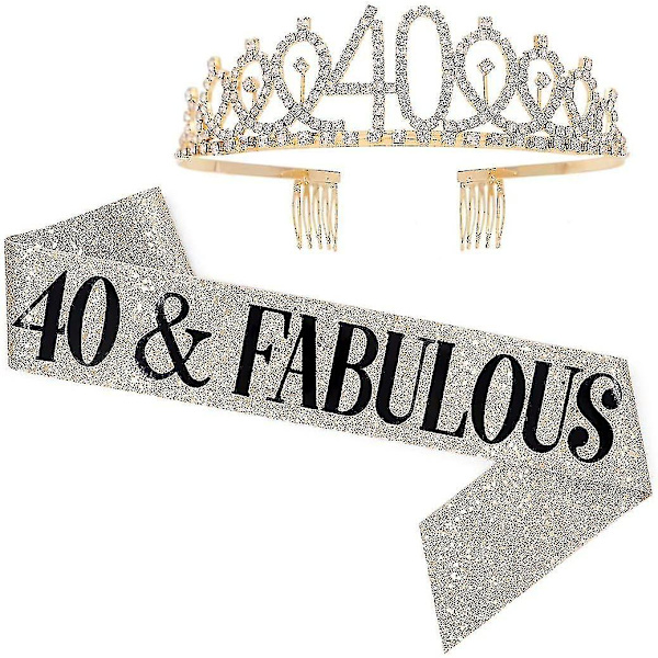 40 And Fabulous -vyö ja timanttikiara -setti - 40-vuotissyntymäpäivälahjat Syntymäpäivävyö Naisille Syntymäpäiväjuhlatarvikkeet (kulta Glitter Wi