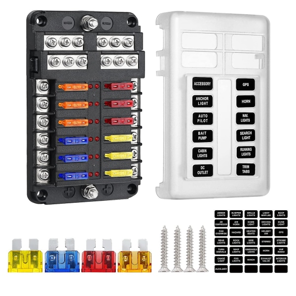 12-tie fuse box, 12v fuse holder, Ato 32v 100a with 12 LED indicator lights, waterproof protective cover, fuse box with 24 car blade fuse for car auto