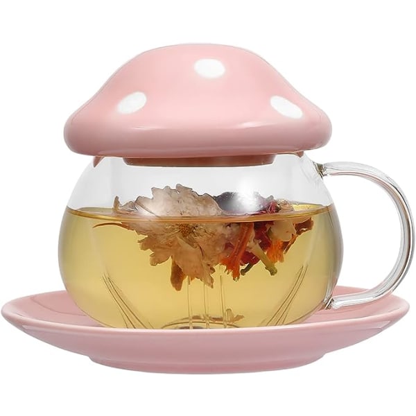 Mushroom Cup Glass Tekopp med lokk Skuff Sil Filter Infuser for Loose Leaf Tea Søt tekrus i fargeutskrift gaveeske 11oz (rosa)